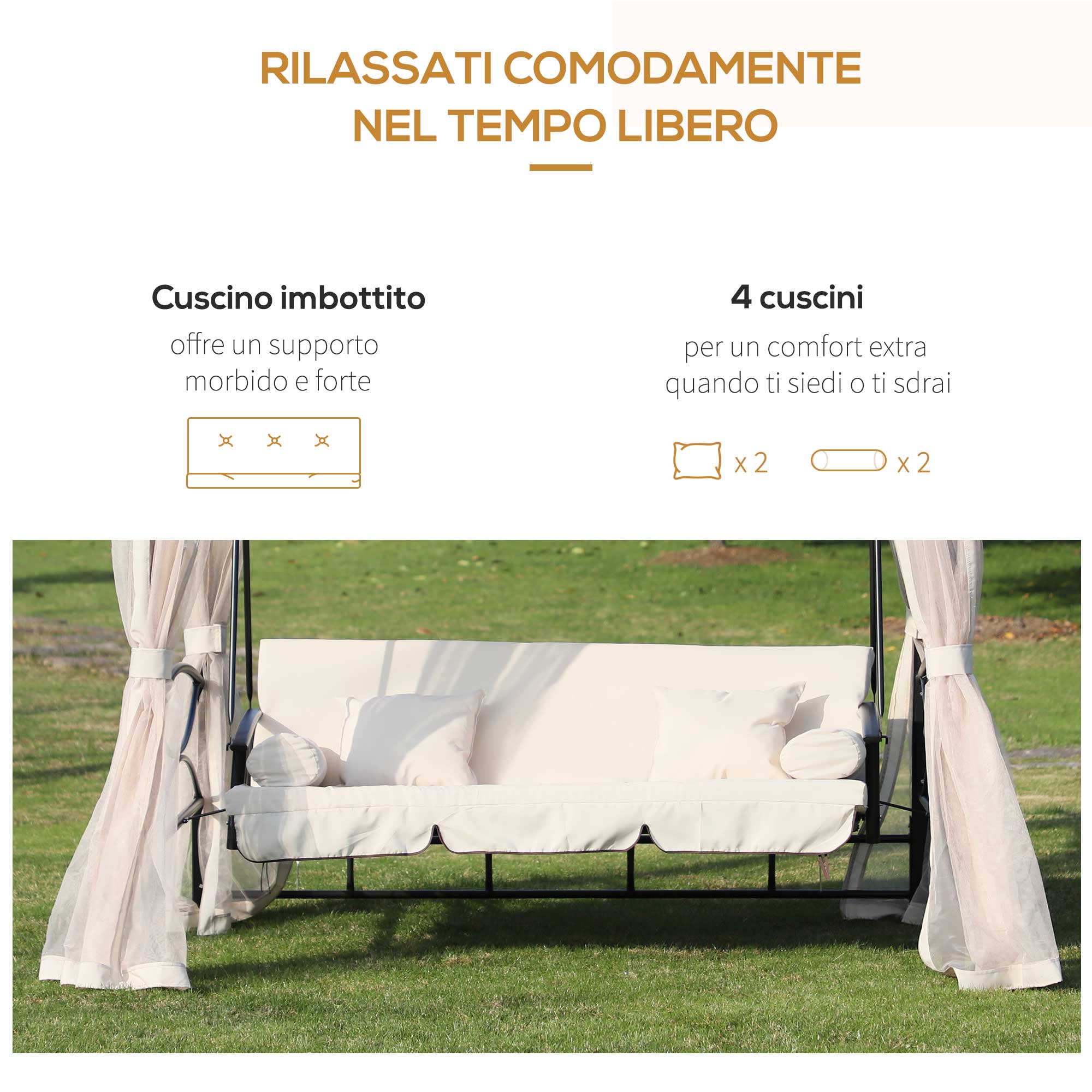 Dondolo a 3 Posti Gazebo Divano Letto con Zanzariera Beige