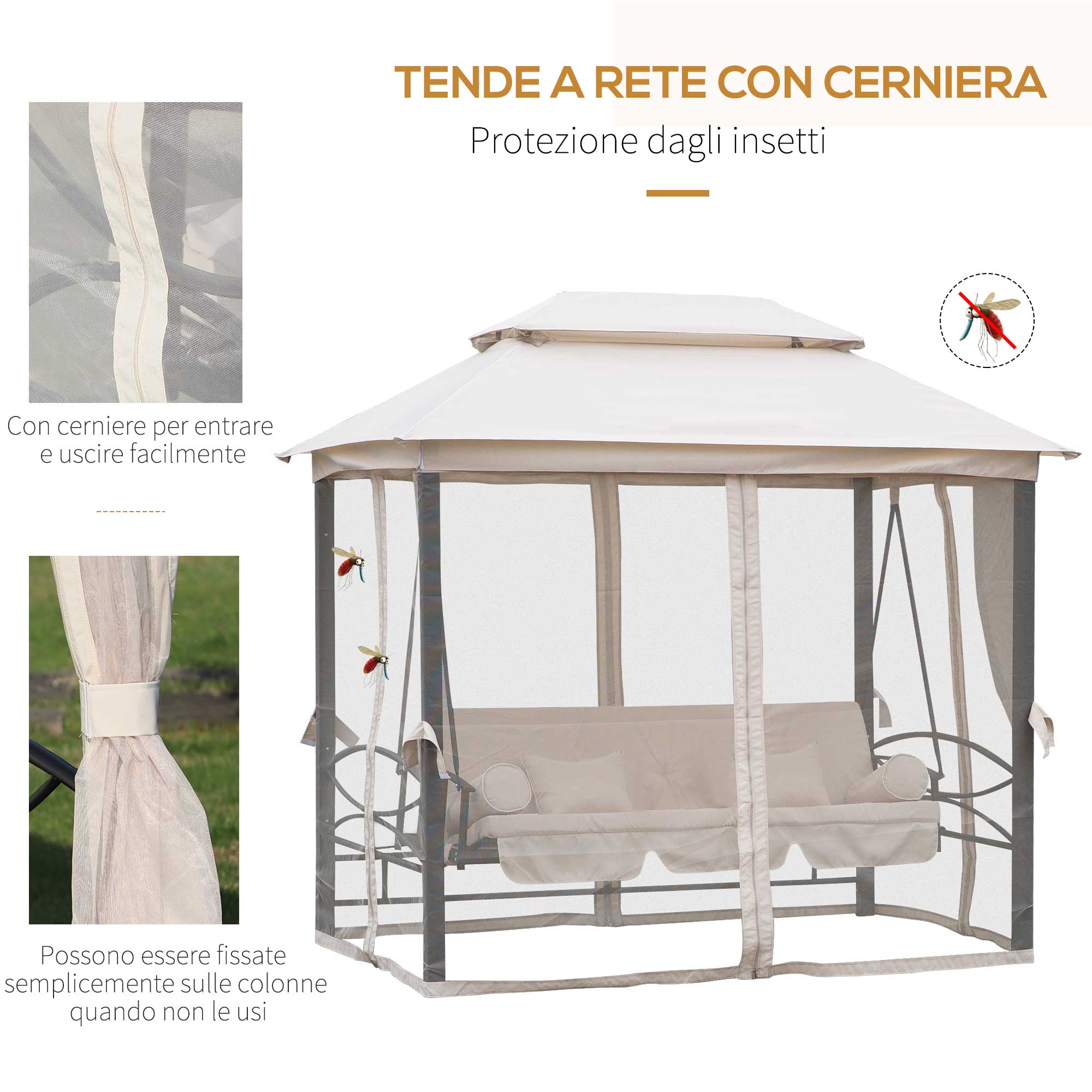 Dondolo a 3 Posti Gazebo Divano Letto con Zanzariera Beige