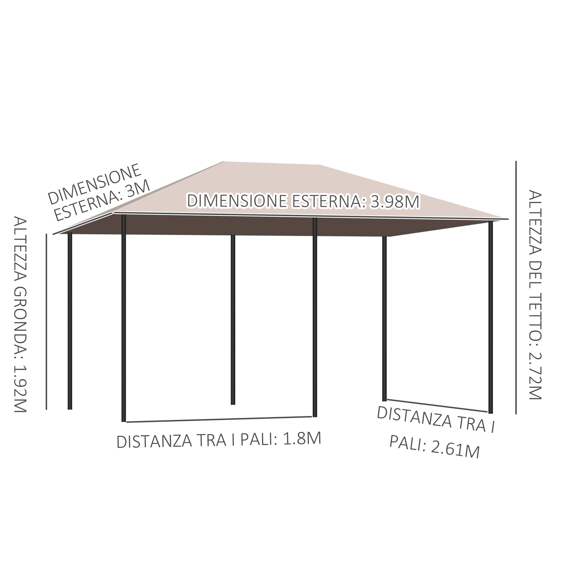 Gazebo da Giardino 4x3m in Acciaio Tende Laterali Kaki