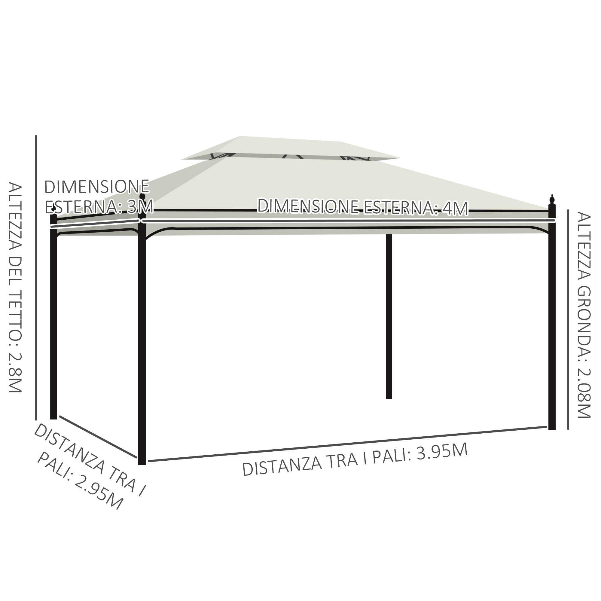 Gazebo da Giardino 3x4m in Acciaio Teli Laterali e Doppio Tetto Crema