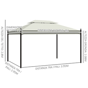 Gazebo da Giardino 3x4m in Acciaio Teli Laterali e Doppio Tetto Crema