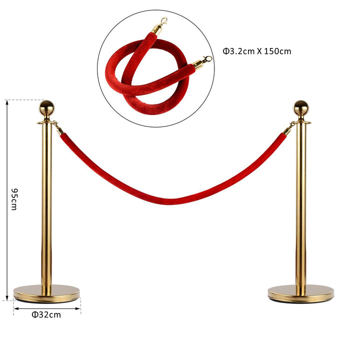 2 Colonnine Separacode Oro con Corda Rossa in Acciaio Inox Ø32x95 cm