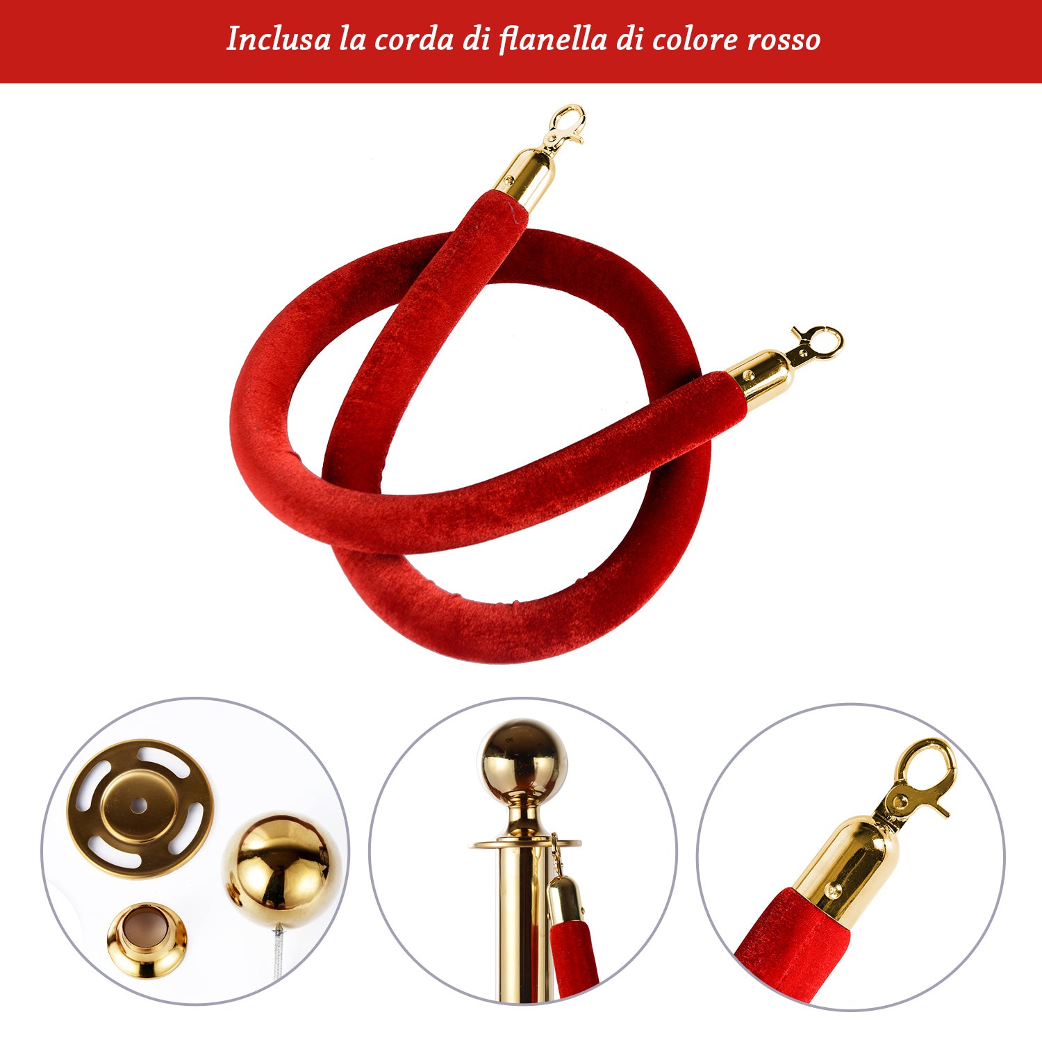 2 Colonnine Separacode Oro con Corda Rossa in Acciaio Inox Ø32x95 cm