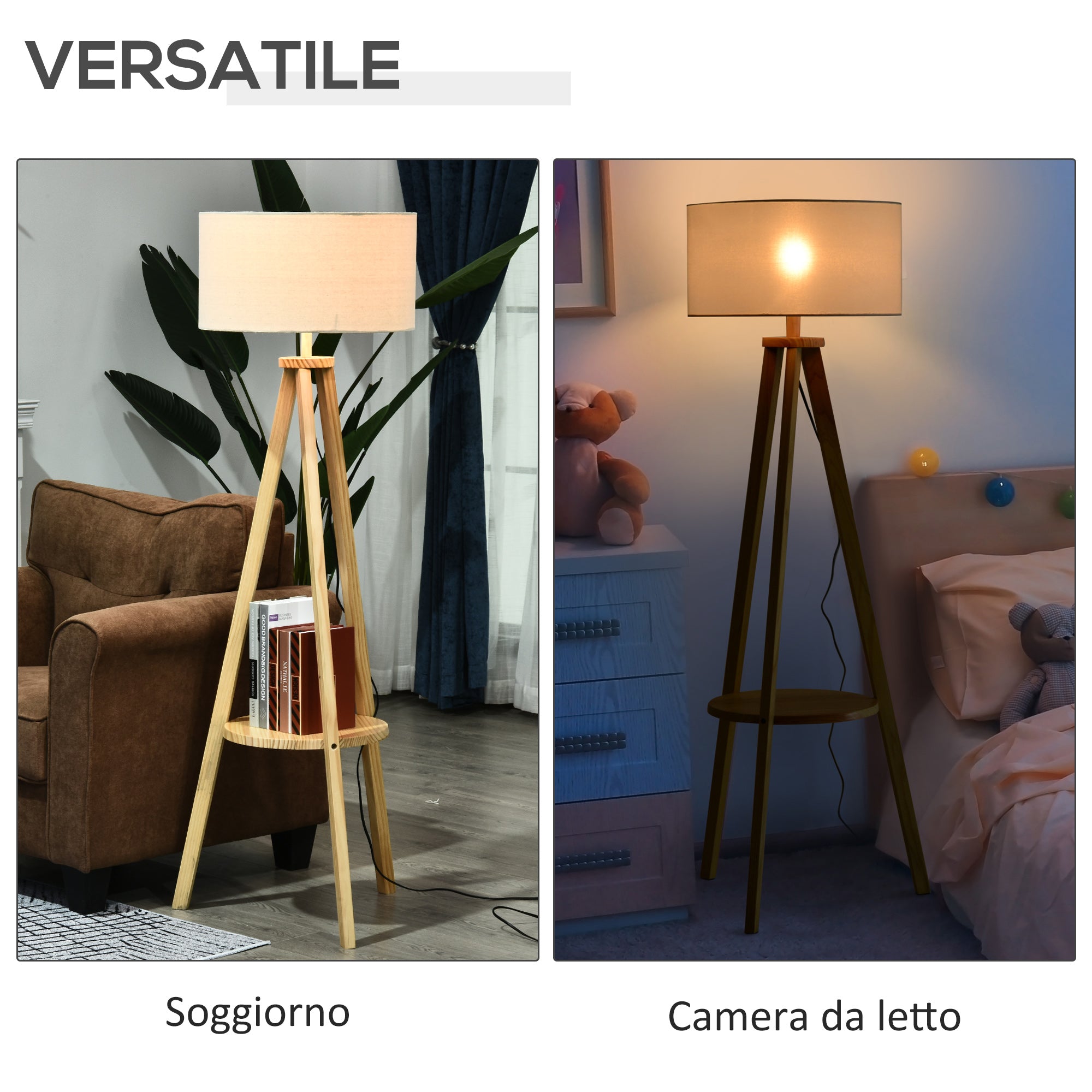 Lampada da Terra Tripode in Legno e Lino con Interruttore a Pedale Altezza 154 cm