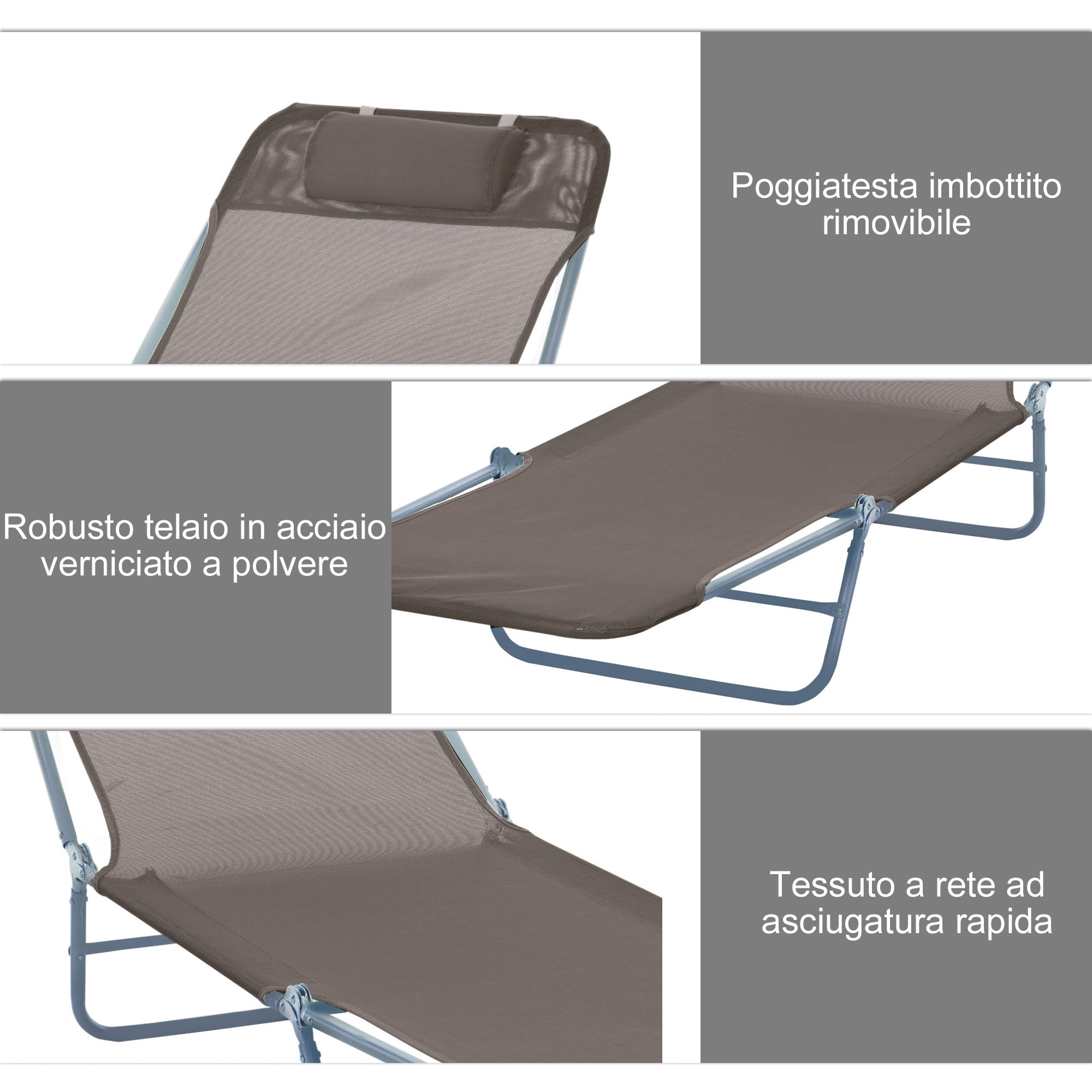 Lettino Prendisole in Acciaio Pieghevole Reclinabile Caffè