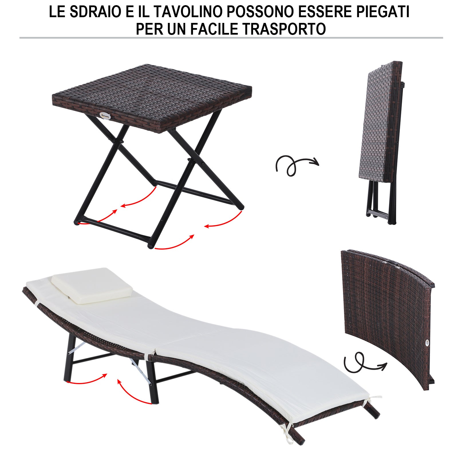 Set 2 Lettini Prendisole e Tavolino in Rattan Sintetico con Cuscini Rimovibili Marrone Crema