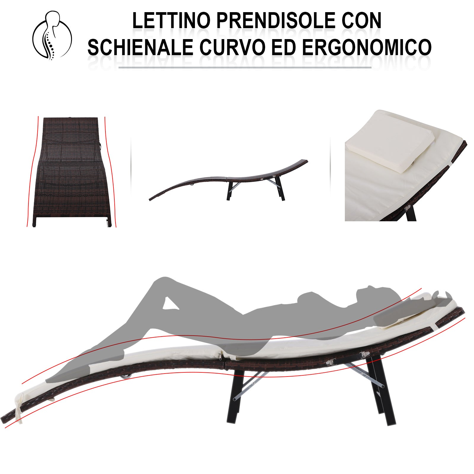 Set 2 Lettini Prendisole e Tavolino in Rattan Sintetico con Cuscini Rimovibili Marrone Crema