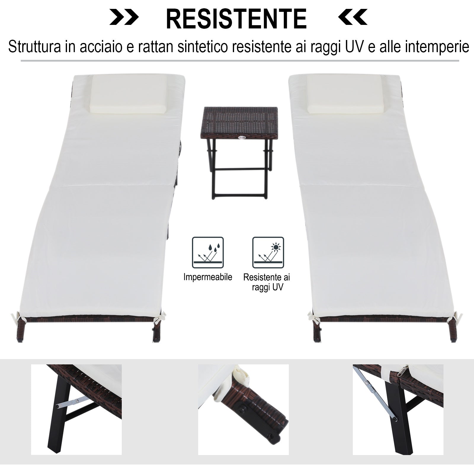 Set 2 Lettini Prendisole e Tavolino in Rattan Sintetico con Cuscini Rimovibili Marrone Crema