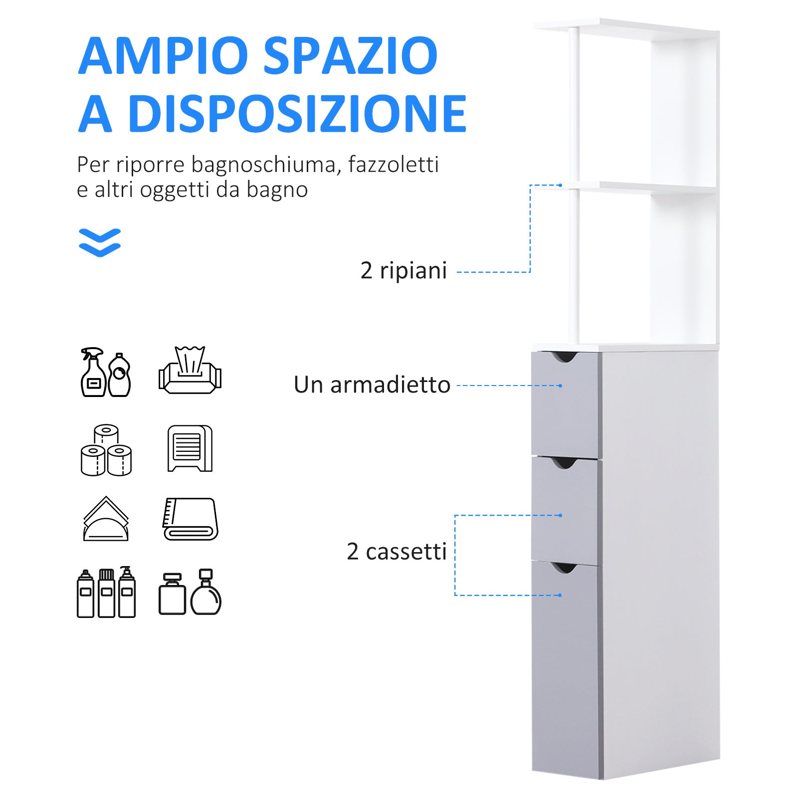 Mobiletto a Colonna da Bagno Salvaspazio in Legno Bianco 15x33x136 cm