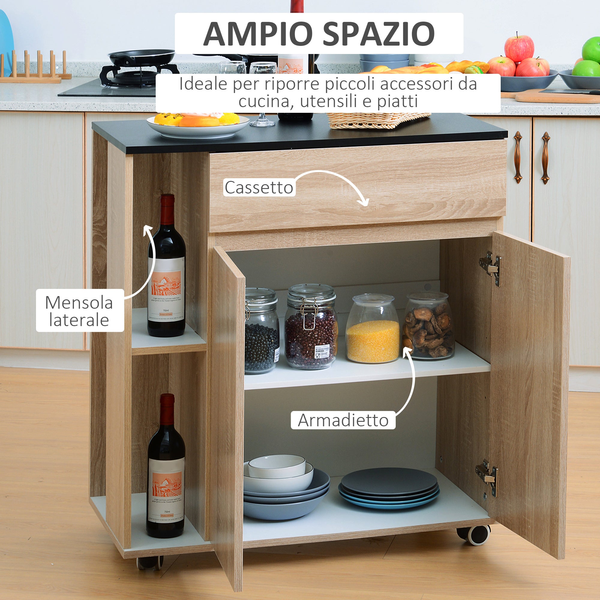 Mobiletto da Cucina con Cassetti e Ruote in Legno Rovere nero 78x39.5x88.5 cm