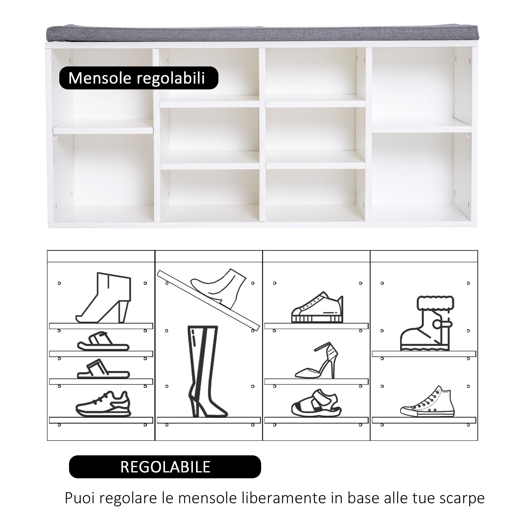 Panchina Scarpiera con Ripiani Regolabili in Legno Bianco e Grigio 104x30x48 cm