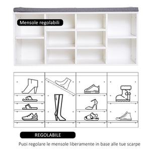 Panchina Scarpiera con Ripiani Regolabili in Legno Bianco e Grigio 104x30x48 cm