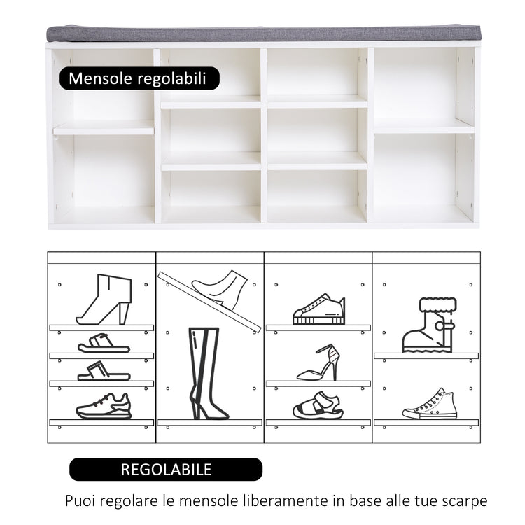 Panchina Scarpiera con Ripiani Regolabili in Legno Bianco e Grigio 104x30x48 cm