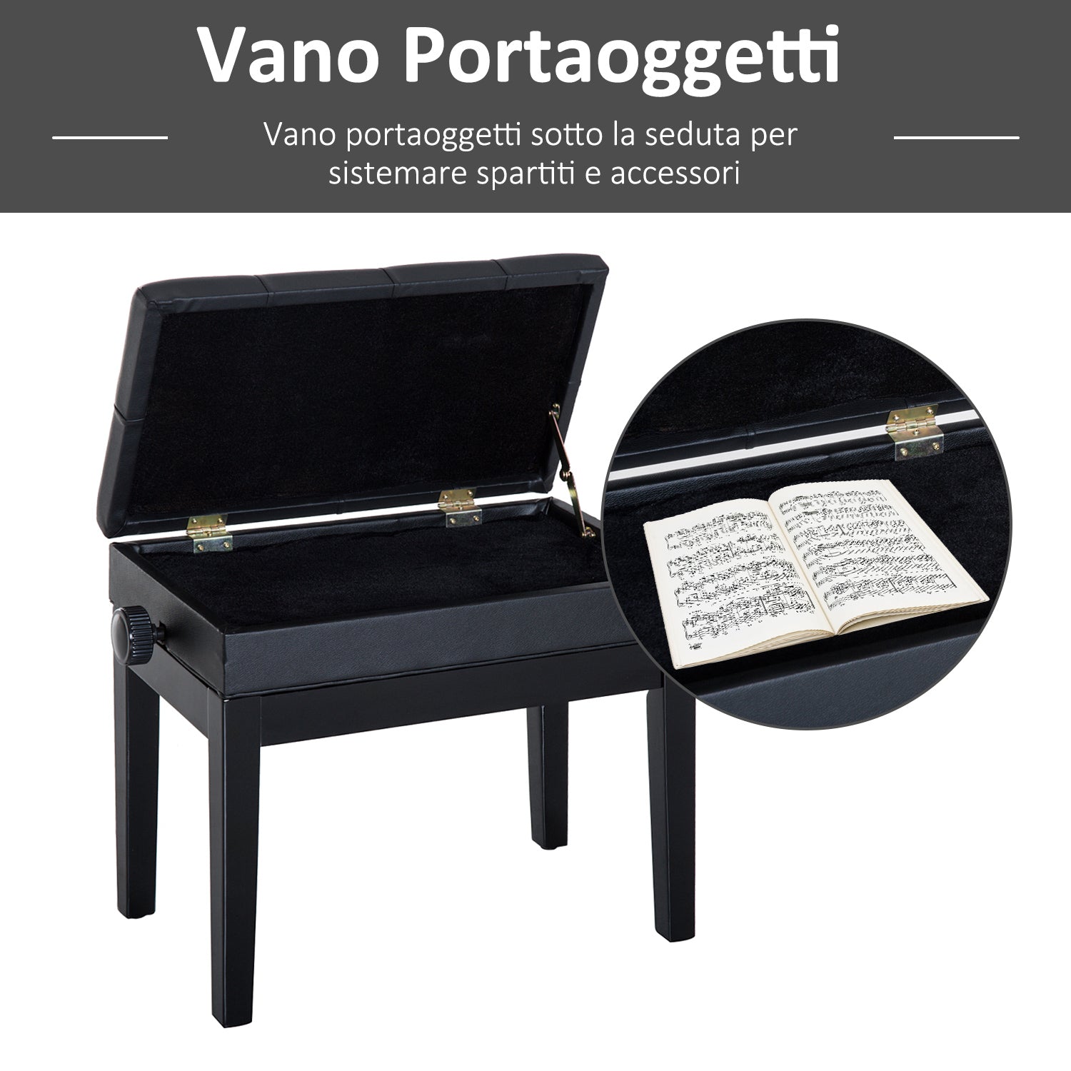 Panca Sgabello per Pianoforte con vano portaoggetti altezza regolabile 54.5x33x48-58 cm Nero