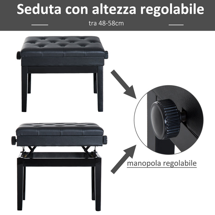 Panca Sgabello per Pianoforte con vano portaoggetti altezza regolabile 54.5x33x48-58 cm Nero