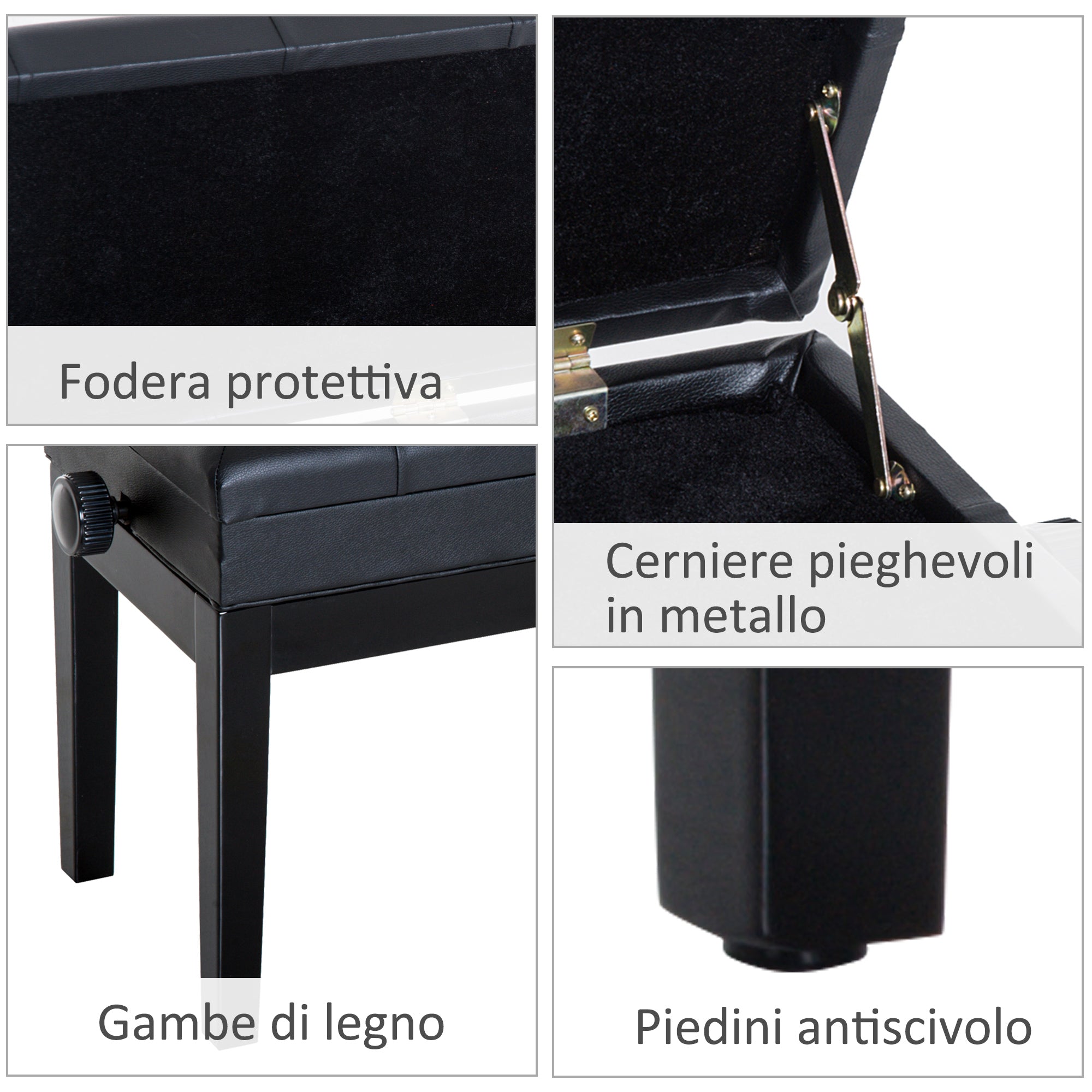 Panca Sgabello per Pianoforte con vano portaoggetti altezza regolabile 54.5x33x48-58 cm Nero