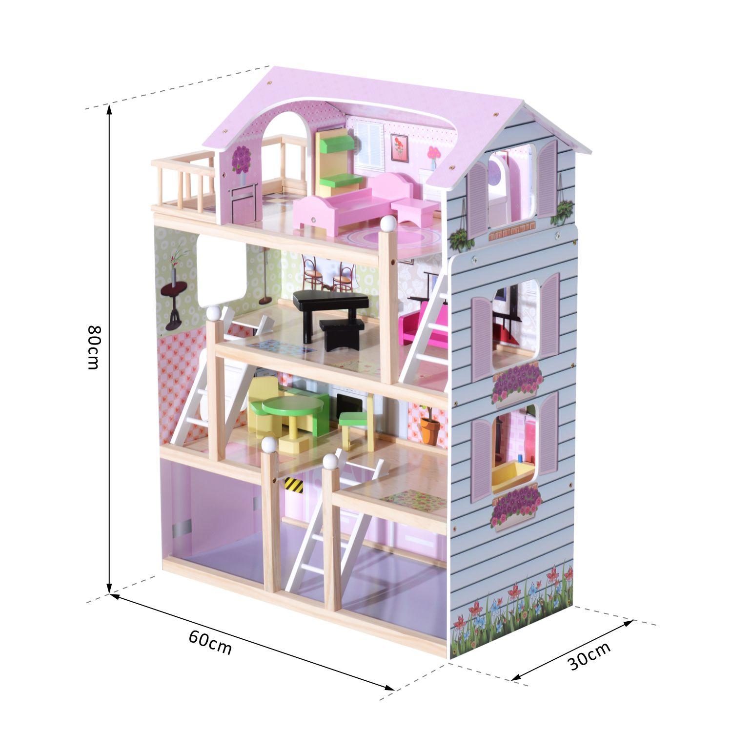 Casa delle Bambole per Bambini a 4 Piani in Legno con Accessori Rosa 60x30x80 cm