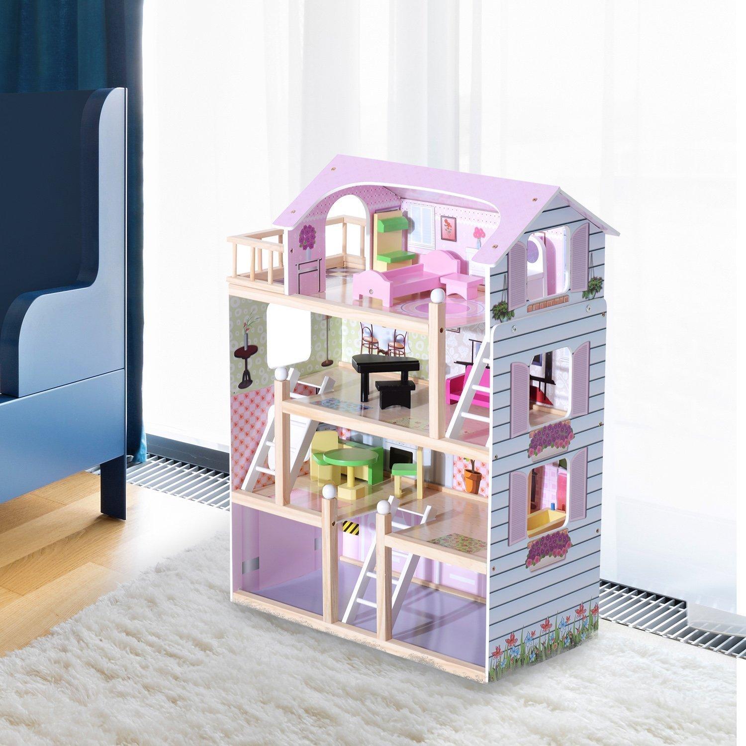 Casa delle Bambole per Bambini a 4 Piani in Legno con Accessori Rosa 60x30x80 cm