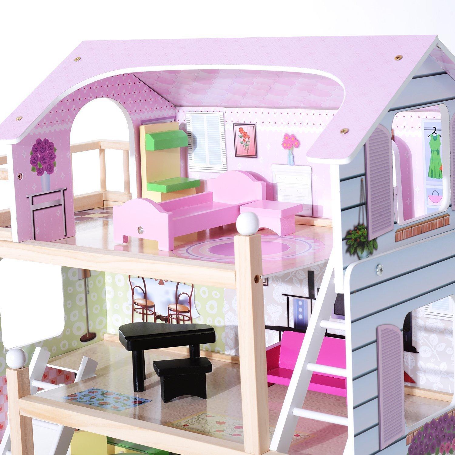 Casa delle Bambole per Bambini a 4 Piani in Legno con Accessori Rosa 60x30x80 cm