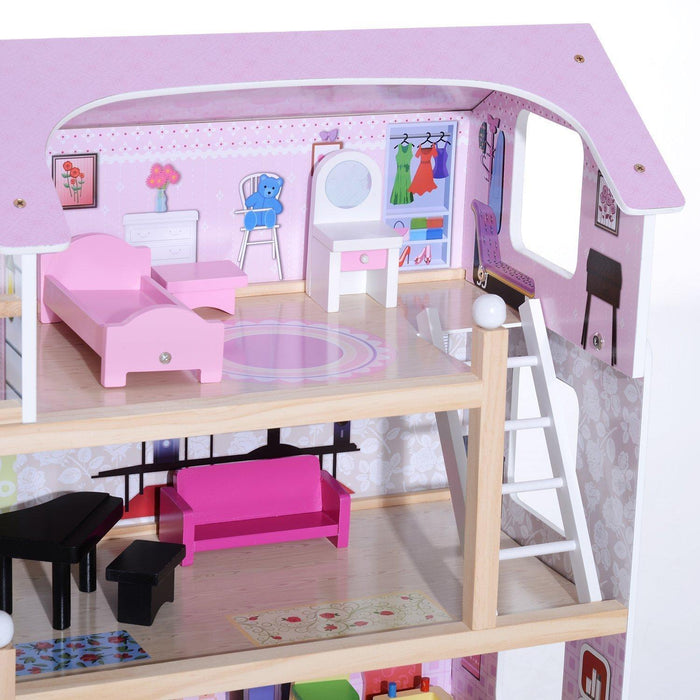 Casa delle Bambole per Bambini a 4 Piani in Legno con Accessori Rosa 60x30x80 cm