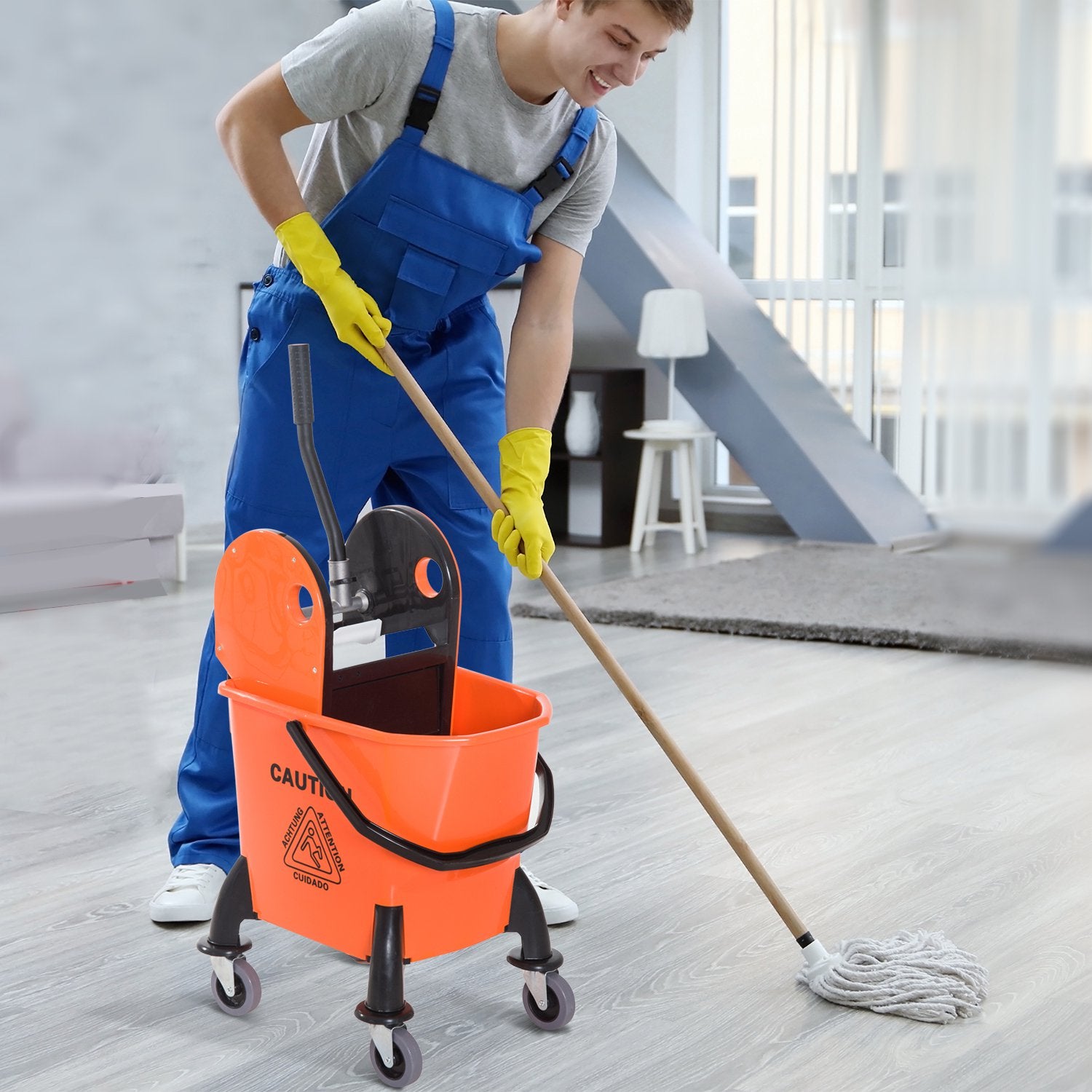 Carrello Pulizie Professionale con Strizzatore Rimovibile e Ruote Arancione