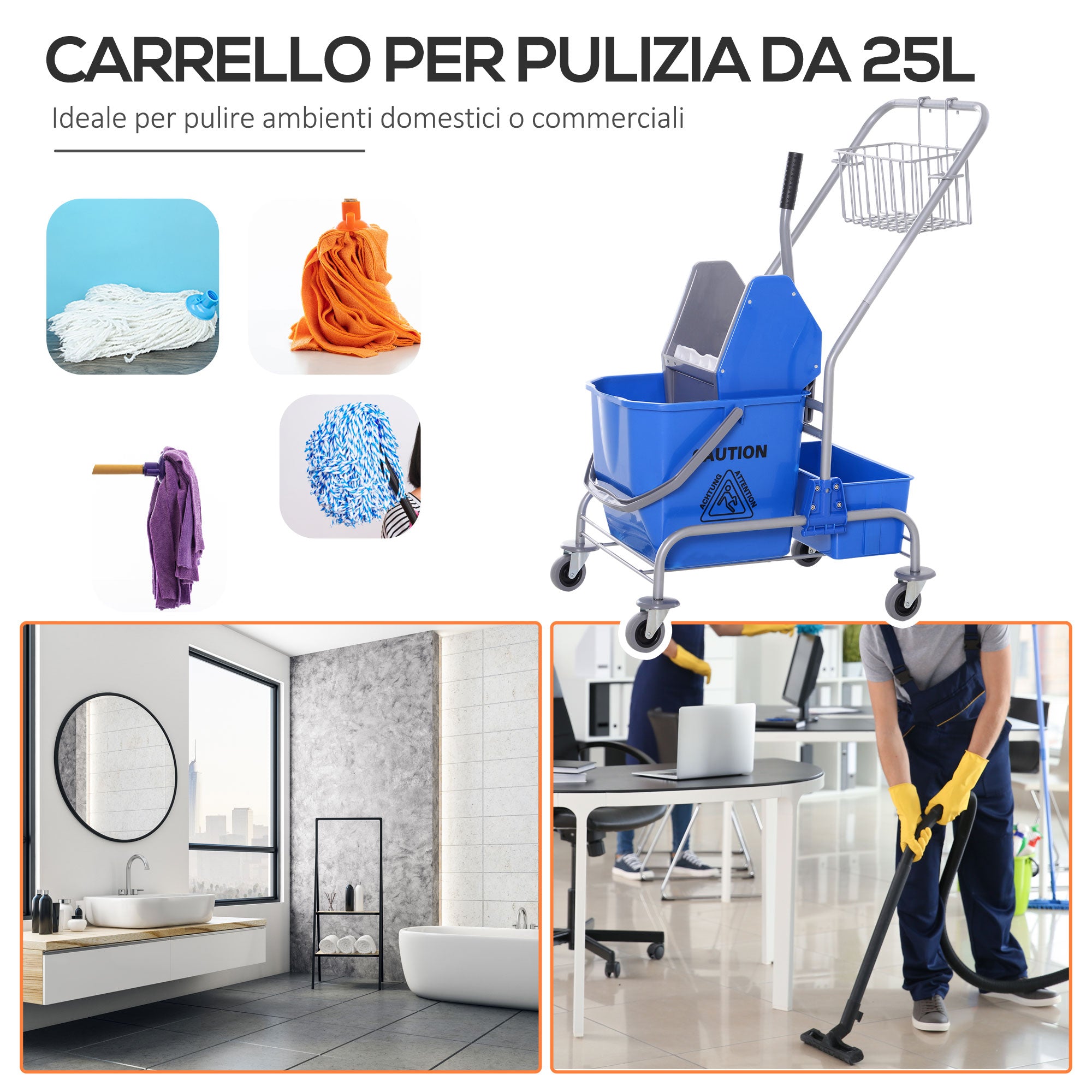 Carrello Pulizie Professionale con Secchio 25L e Strizzatore Blu