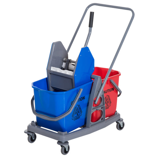 Carrello Pulizie Professionale con Strizzatore e 2 Secchi Blu e Rosso