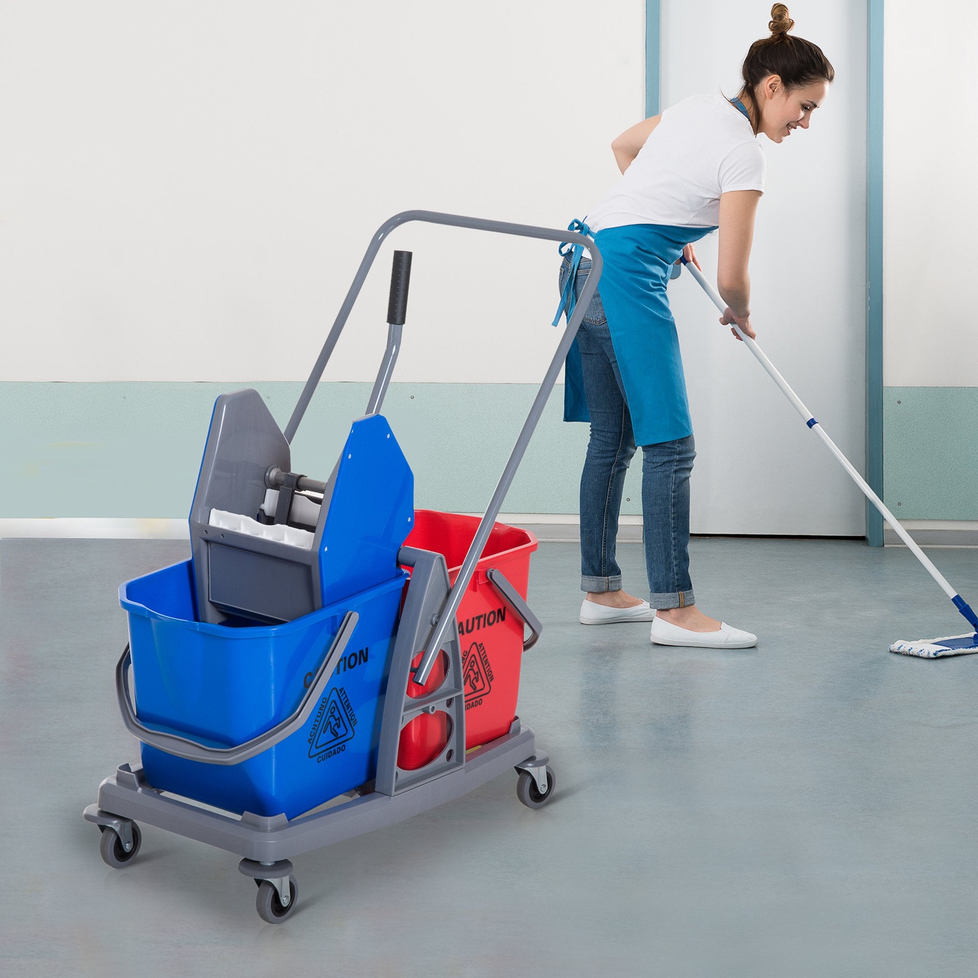 Carrello Pulizie Professionale con Strizzatore e 2 Secchi Blu e Rosso