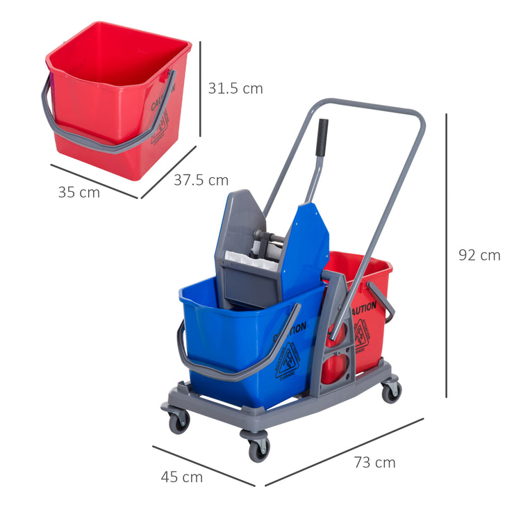 Carrello Pulizie Professionale con Strizzatore e 2 Secchi Blu e Rosso