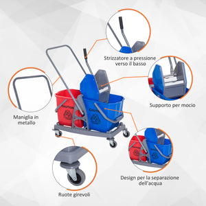 Carrello Pulizie Professionale con Strizzatore e 2 Secchi Blu e Rosso