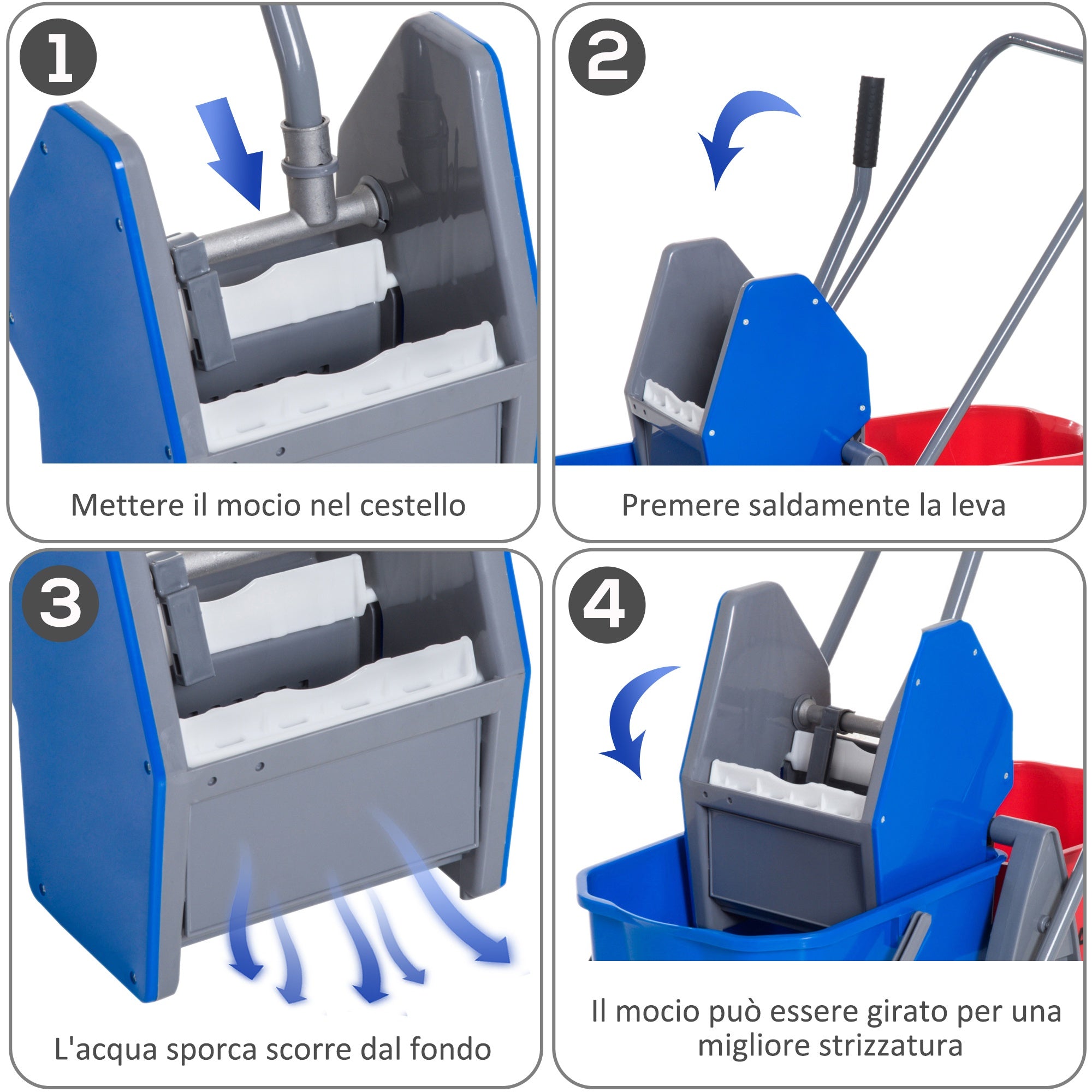 Carrello Pulizie Professionale con Strizzatore e 2 Secchi Blu e Rosso