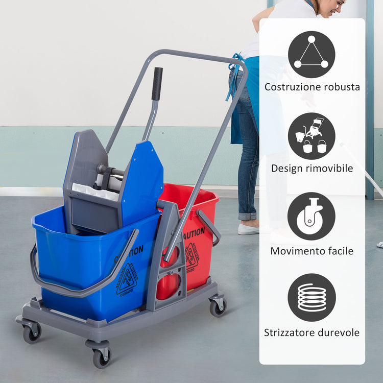 Carrello Pulizie Professionale con Strizzatore e 2 Secchi Blu e Rosso