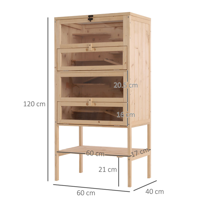 Gabbia per Roditori e Criceti a 4 Ripiani con Tetto Apribile in Legno 60x40x120 cm