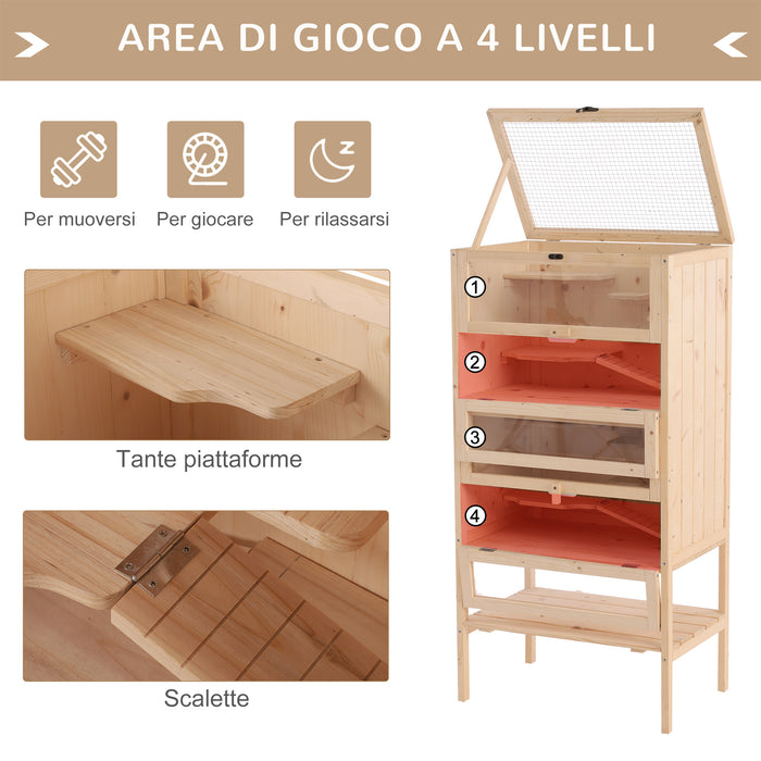 Gabbia per Roditori e Criceti a 4 Ripiani con Tetto Apribile in Legno 60x40x120 cm