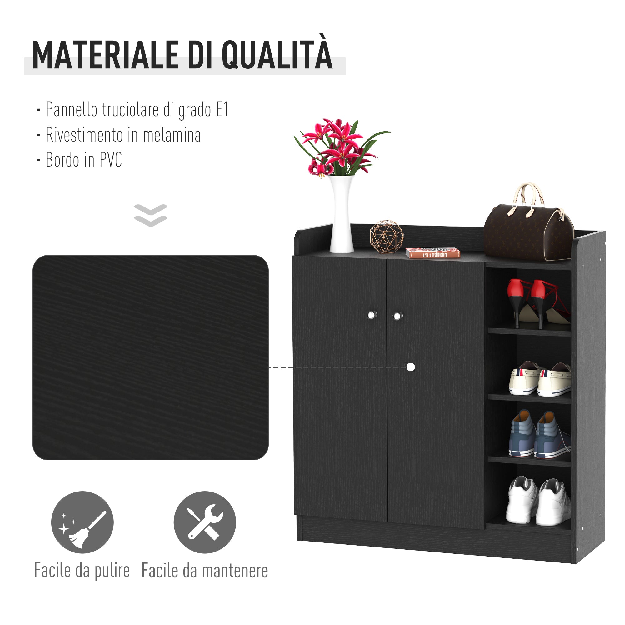 Scarpiera Mobiletto in Legno 4 Ripiani Nero 83x30x90 cm