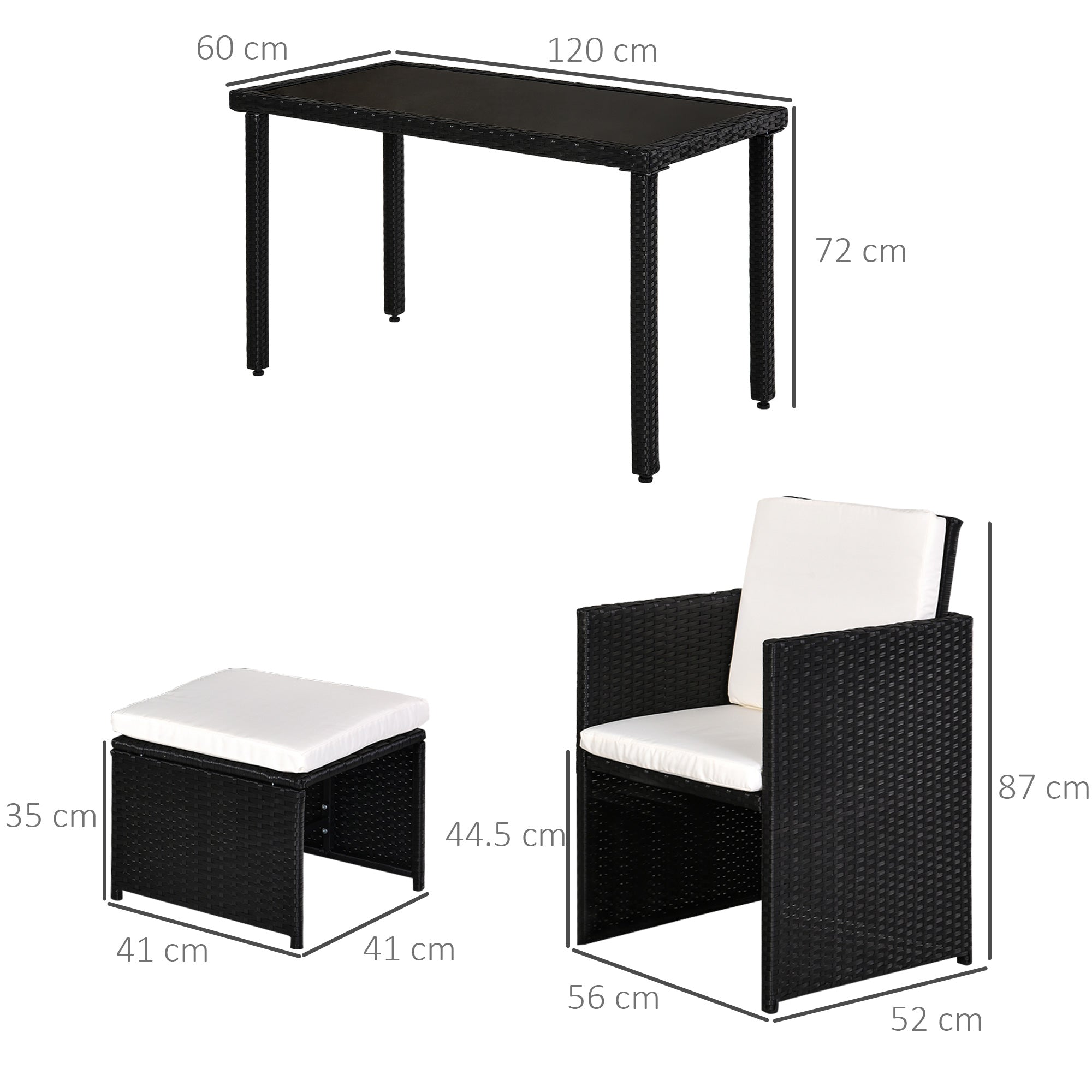 Set Salotto da Giardino in Rattan Sintetico Tavolo 2 Poltrone 2 Poff Nero