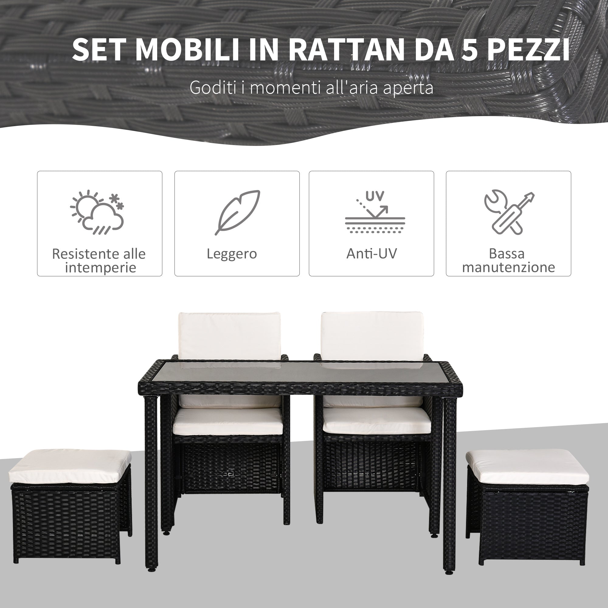 Set Salotto da Giardino in Rattan Sintetico Tavolo 2 Poltrone 2 Poff Nero