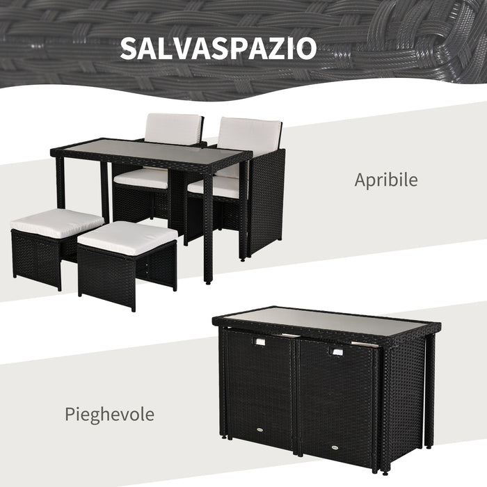 Set Salotto da Giardino in Rattan Sintetico Tavolo 2 Poltrone 2 Poff Nero