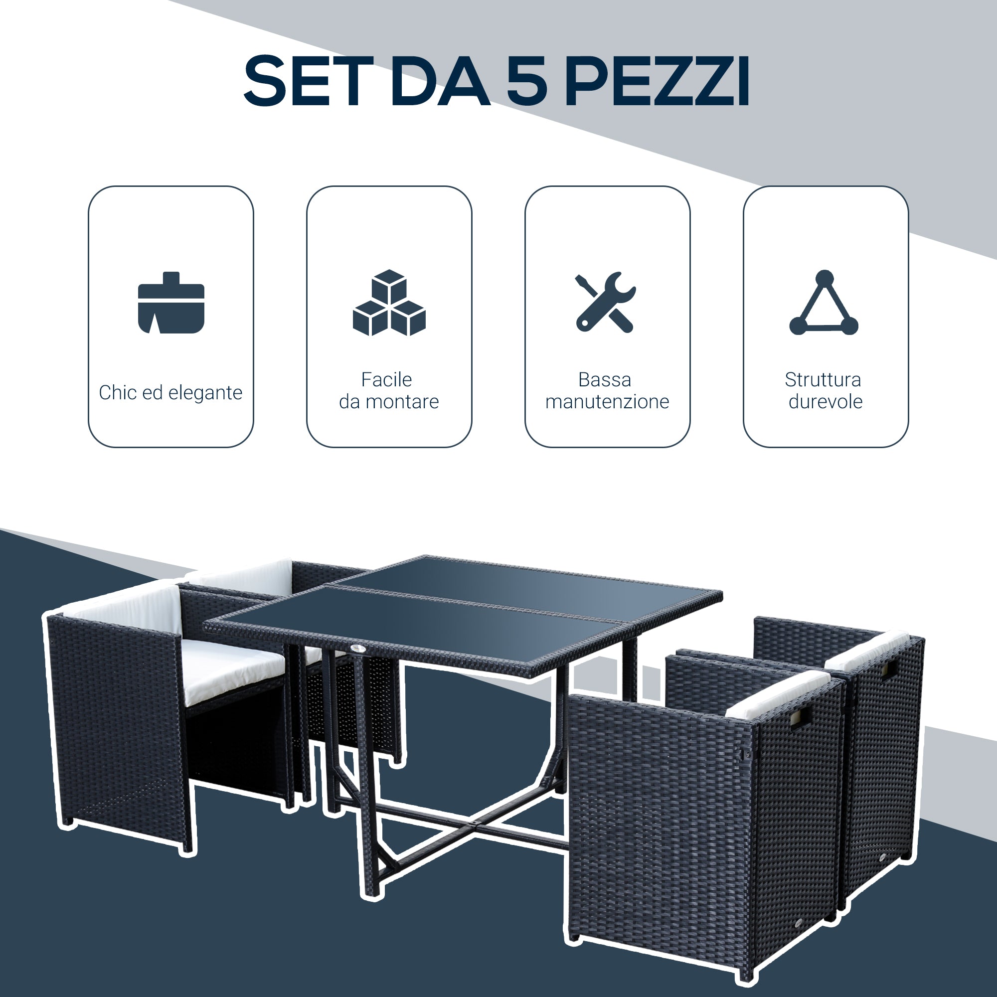 Set Salotto da Giardino in Rattan Sintetico 4 Poltrone e Tavolino Nero