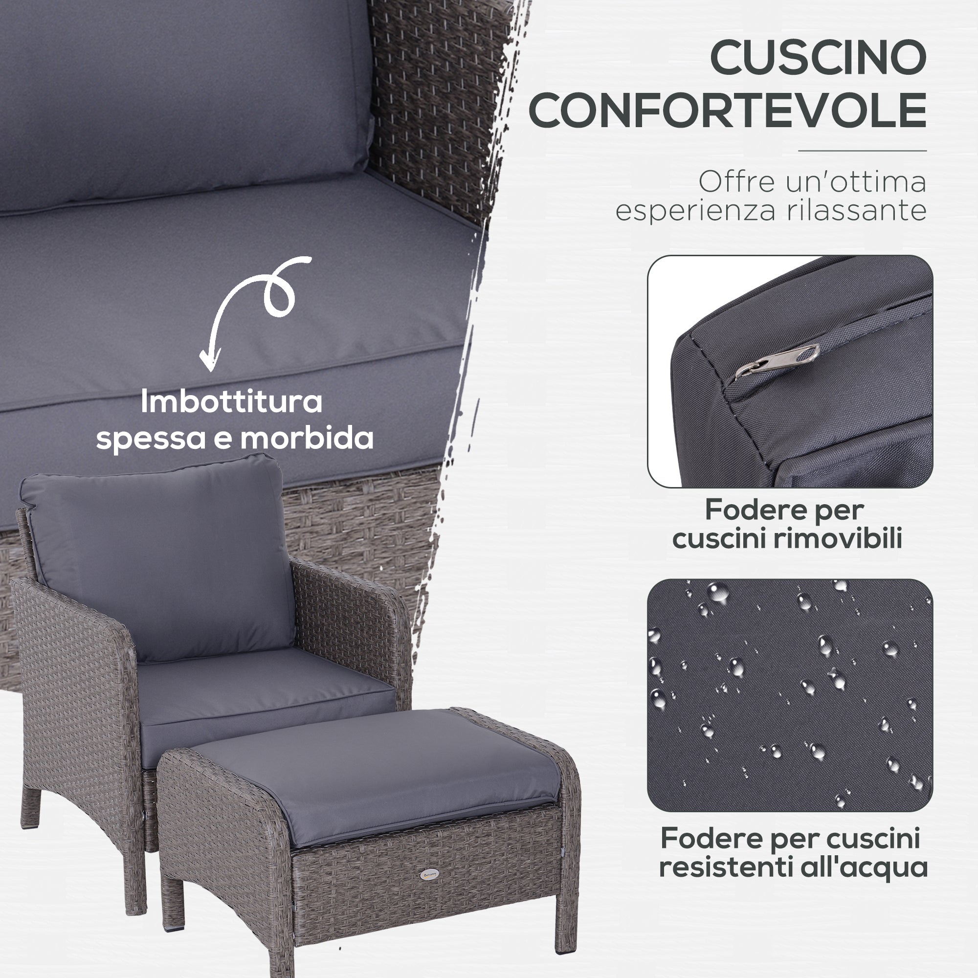 Set Salotto da Giardino in Rattan Sintetico 2 Divani 2 Pouf e Tavolino Grigio