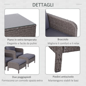 Set Salotto da Giardino in Rattan Sintetico 2 Divani 2 Pouf e Tavolino Grigio