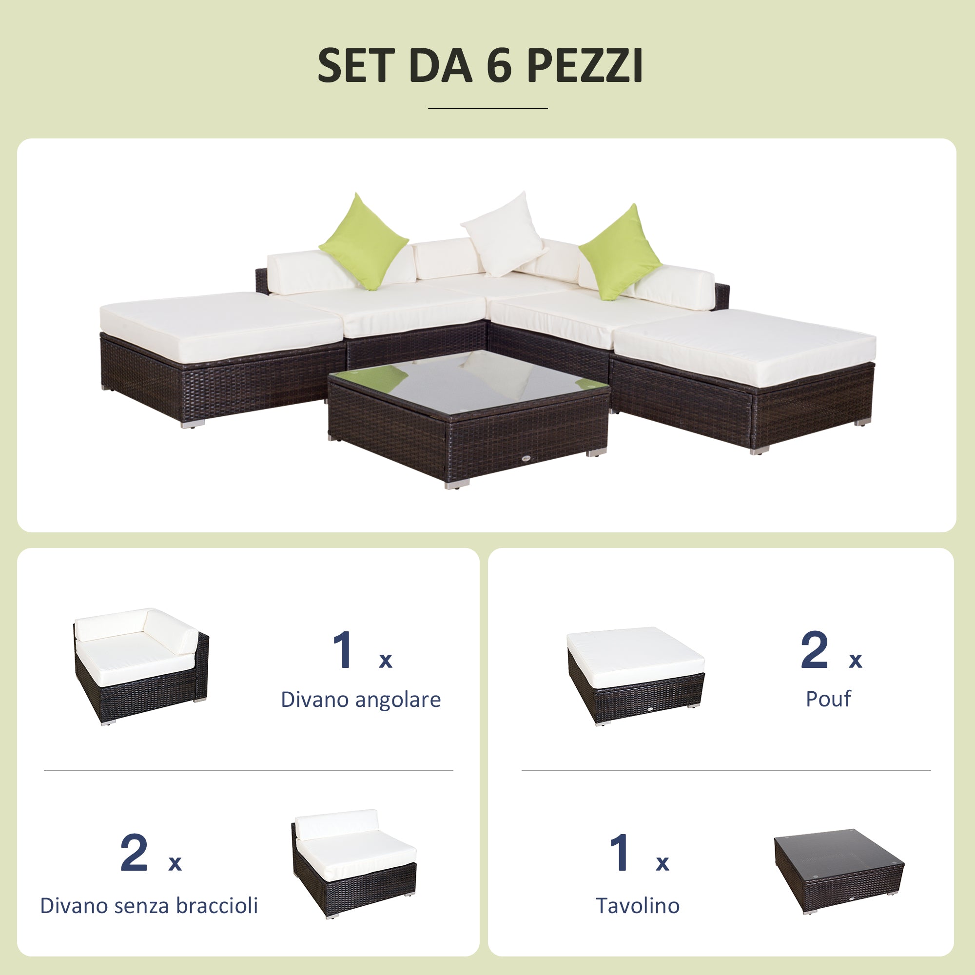 Set Salotto da Giardino in Rattan Sintetico Divano 2 Pouf e Tavolino Marrone