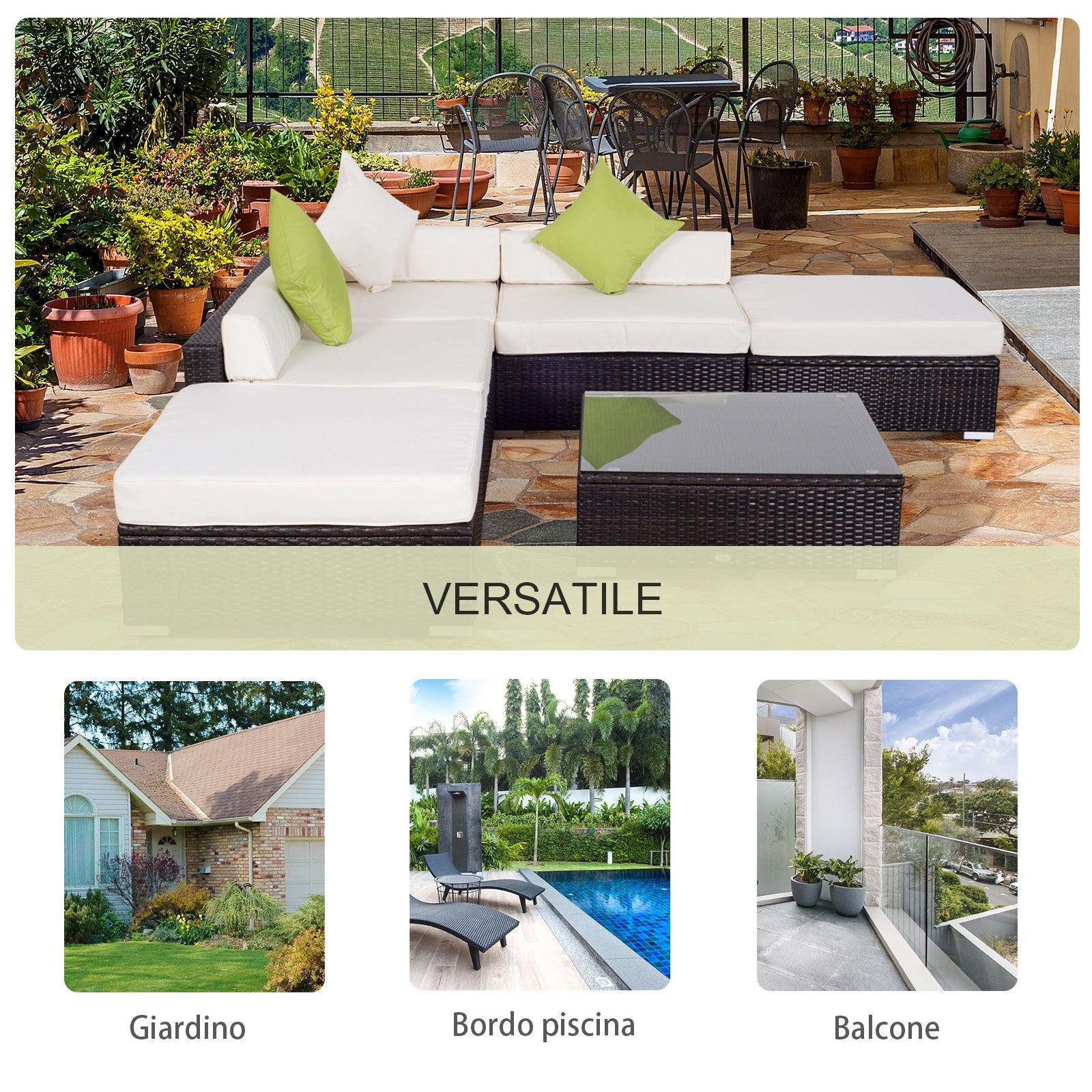 Set Salotto da Giardino in Rattan Sintetico Divano 2 Pouf e Tavolino Marrone