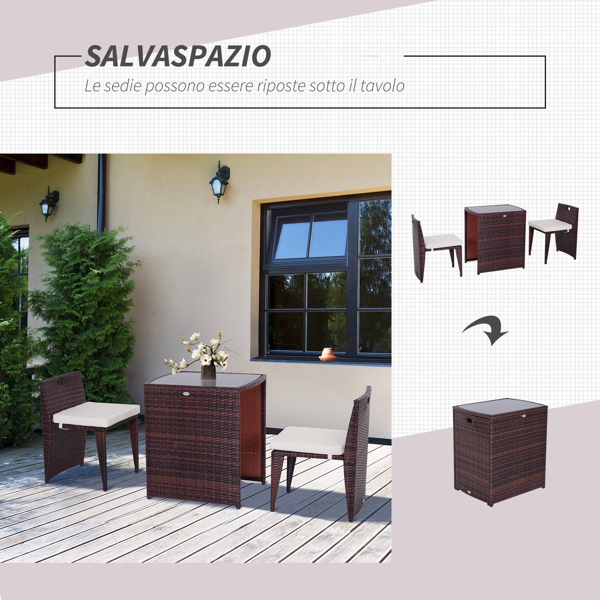 Set Tavolino e 2 Sedie da giardino in Rattan Sintetico e Ferro Marrone e Nero