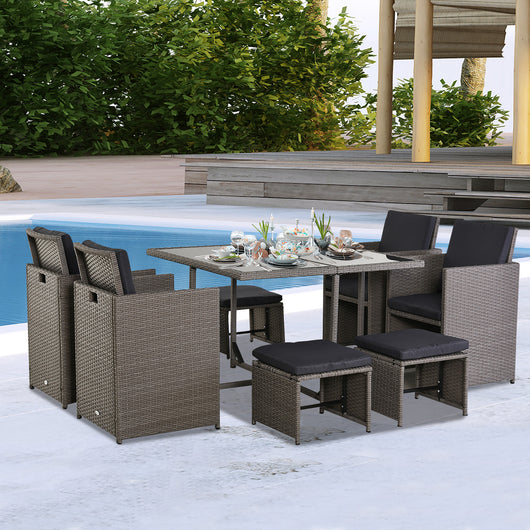 Set Tavolo e 4 Sedie da giardino in Rattan Sintetico e Acciaio con 4 Poggiapiedi Grigio