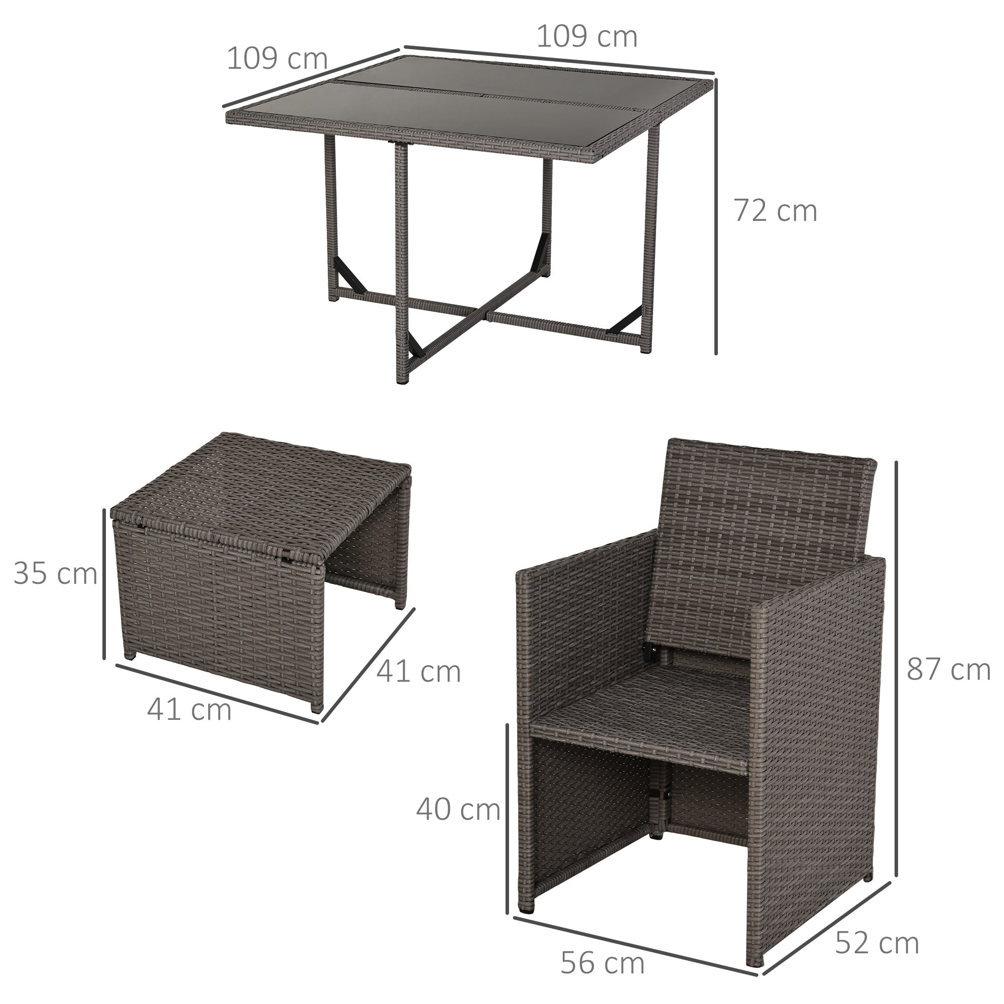 Set Tavolo e 4 Sedie da giardino in Rattan Sintetico e Acciaio con 4 Poggiapiedi Grigio