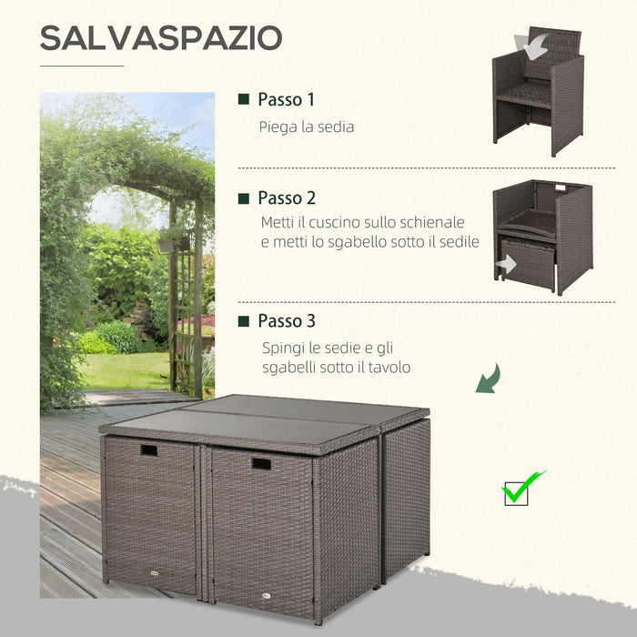 Set Tavolo e 4 Sedie da giardino in Rattan Sintetico e Acciaio con 4 Poggiapiedi Grigio