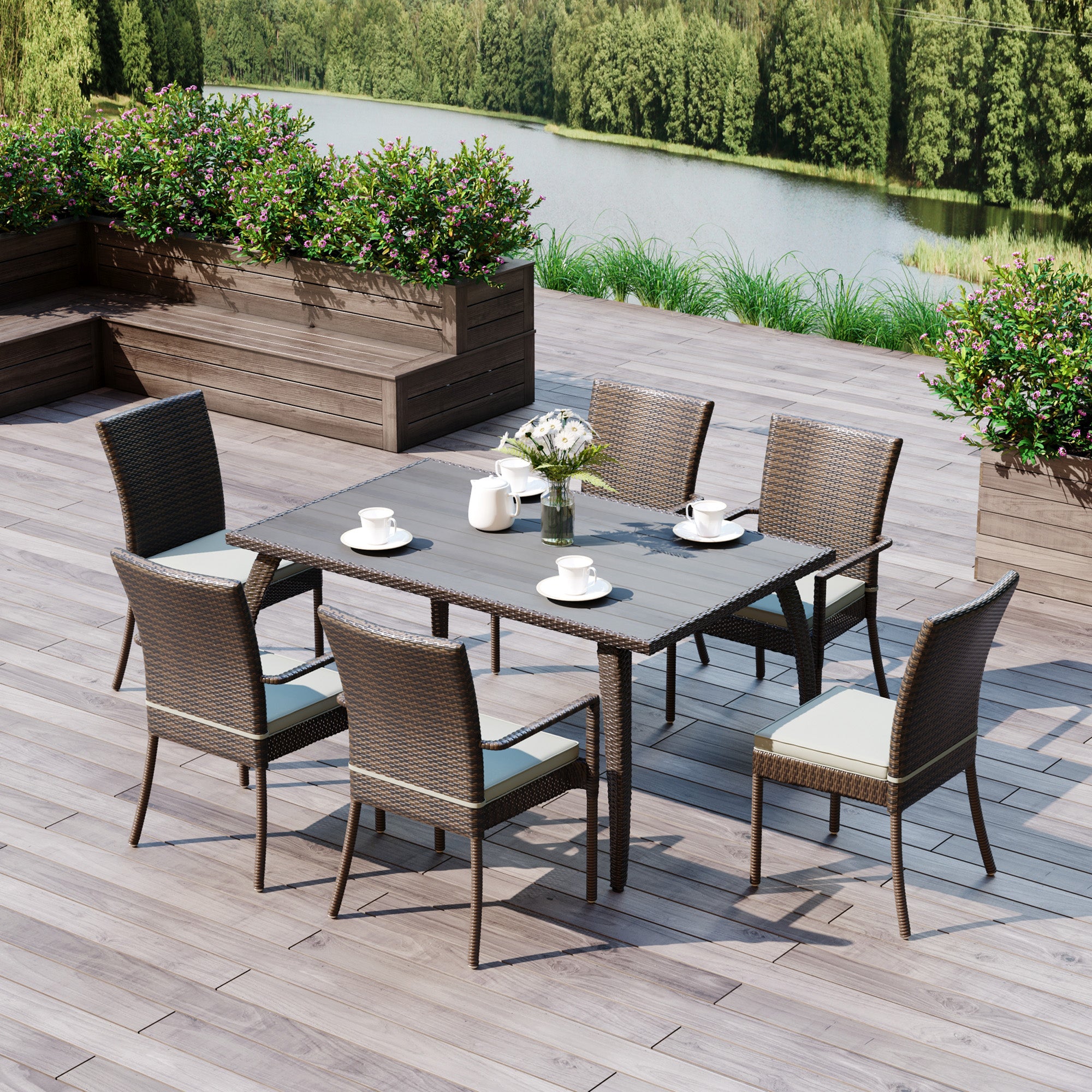 Set Tavolo e 6 Sedie da giardino in Legno e Rattan Sintetico con Cuscini Marrone