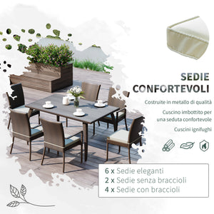 Set Tavolo e 6 Sedie da giardino in Legno e Rattan Sintetico con Cuscini Marrone