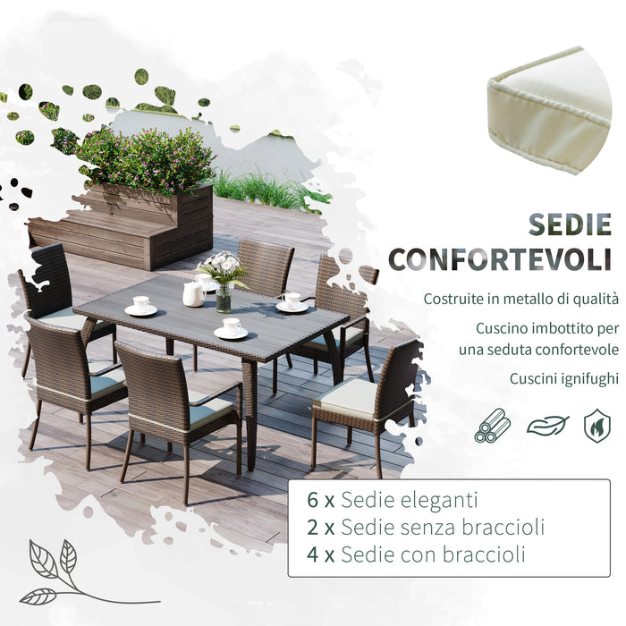 Set Tavolo e 6 Sedie da giardino in Legno e Rattan Sintetico con Cuscini Marrone